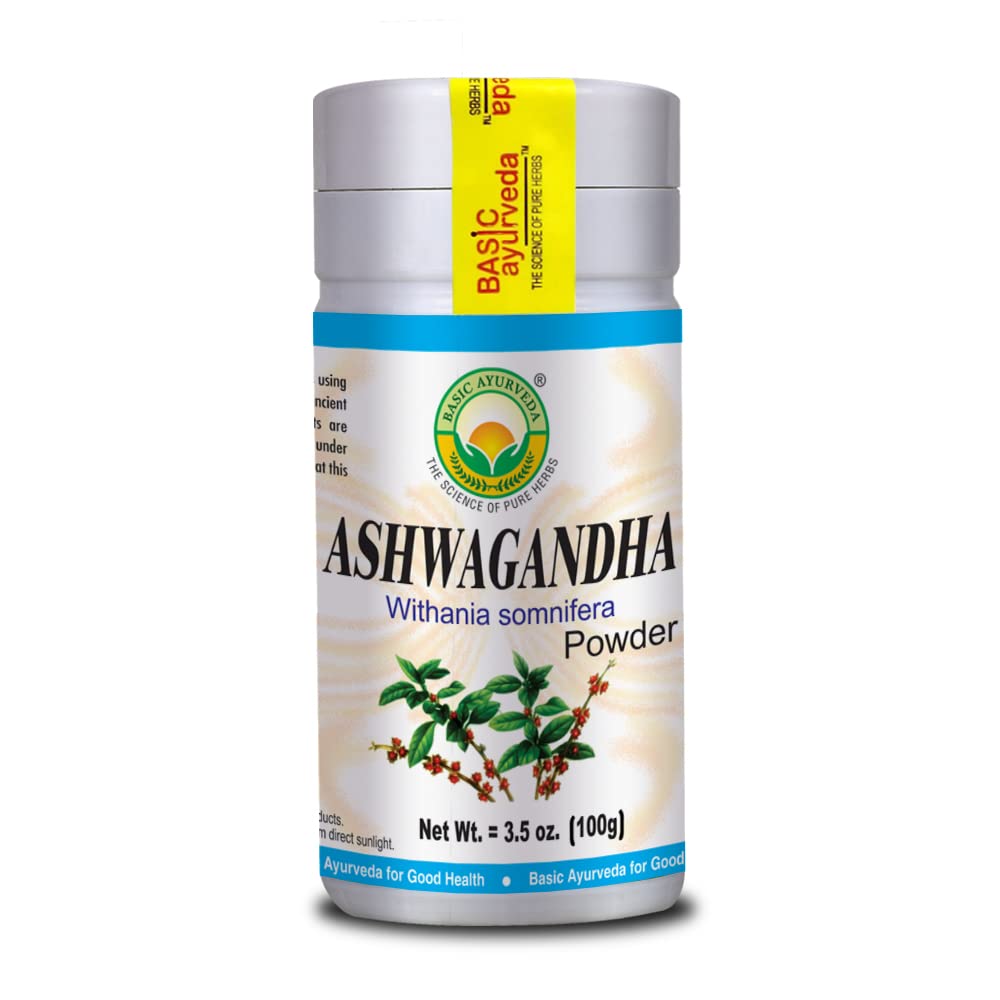 BASIC AYURVEDA Ashwagandha milteliai ® 124; Ekologiškas Indijos ženšenio šaknų ekstraktas ® 124; Energija, Focus, & Mood Support ® 124; Natural Ayurvedic Žolinių papildas ® 124; 3.53 Oz (100g)