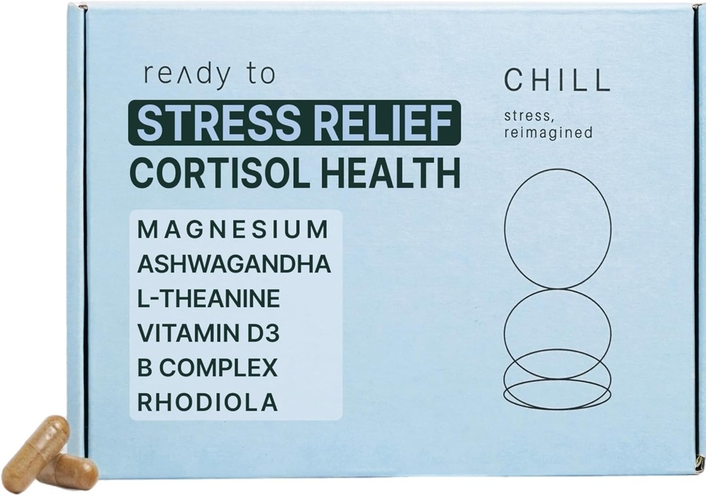 CHILL Stress paramos papildas - Cortisol Health for Women & Men - Subalansuota Mood, Relaxation & Miego - Magnis, Ashwagandha, L- Theanine, B Complex - 60 Capsules 11 / 30 / 25 Dendation