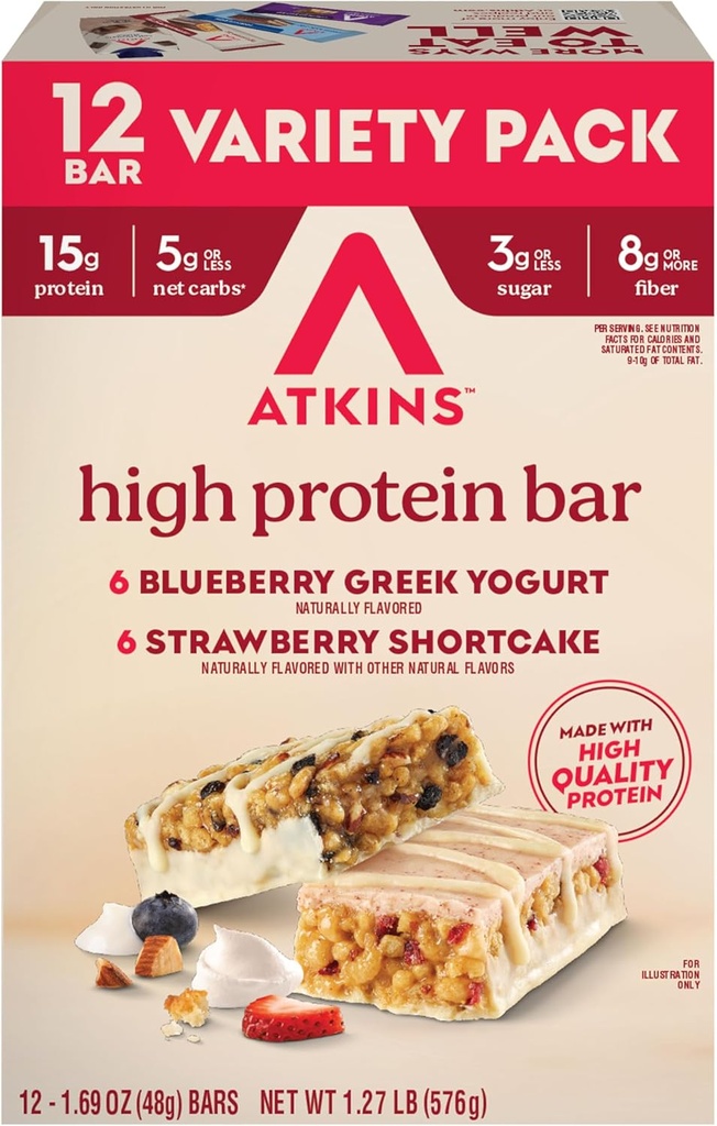 Atkins Blueberry graikų jogurtas & Braškių trumpikės aukštos baltymų baras, High Fiber, Keto Friendly, 12 Count (6 Barai Kiekvienas skonis)