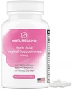 Natureland 40 Count, 600mg Boric Acid Vaginal Suppositories, Made in USA, Restore pH Balance and Reduce Dryness, Odors, Itchiness, and Discharge, Support Intimate Health (40 Count (Pack of 1))