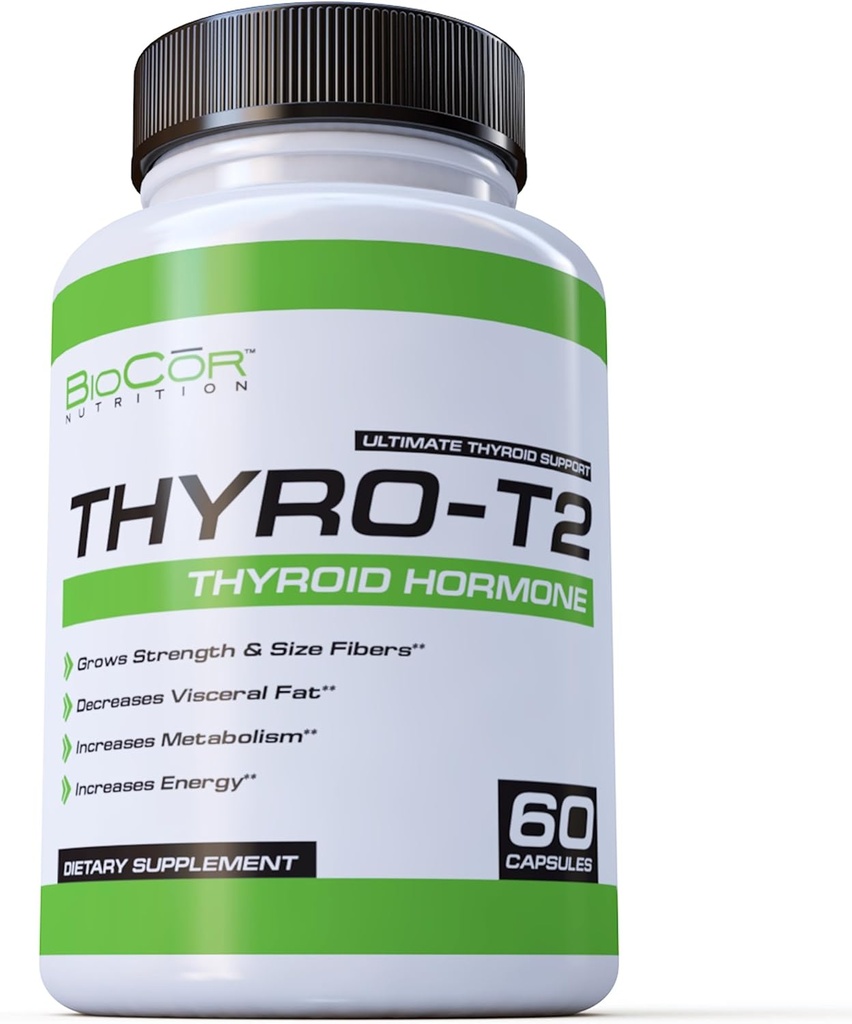 BioCor Nutrition Thyro- T2 Skydliaukės hormono riebalų degiklio papildas - Sustiprėjęs metabolizmas ir sumažėjęs svoris (60 kapsulių - 1 mėnesio tiekimas)
