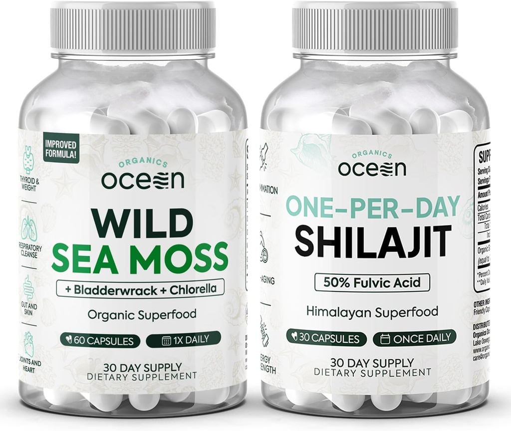 Organics Ocean Wild Sea Capsules and One- Per- Day Shilajit for Men and Women - 100% Irish Sea Moss and Pure Shilajit Capsules - Skydliaukės parama moterims ir vyrams