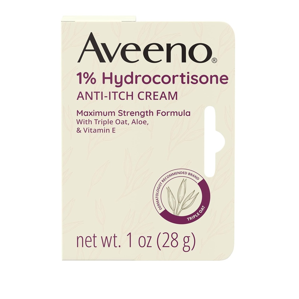Aveeno maksimalus stiprumas 1% Hidrokortizonas Anti- Itch Kremas, Triguba aviža, Aloe & Vitaminas E Itch Relief From Eczema, Psoriasis, Insect Bites, Poison Ivy, Oak & Sumac & Detergents, 1 oz, 2 Pack