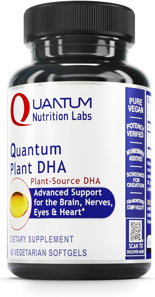 Quantum Nutrition Labs Plant DHA - Ne GMO Vegan DHA su Omega 3 riebalų rūgštimis, Algae pagrįstas DHA moterims ir vyrams, Natūralus DHA priedas tinka Vegansui - 60 Vegetarinis Softgel kapsulės
