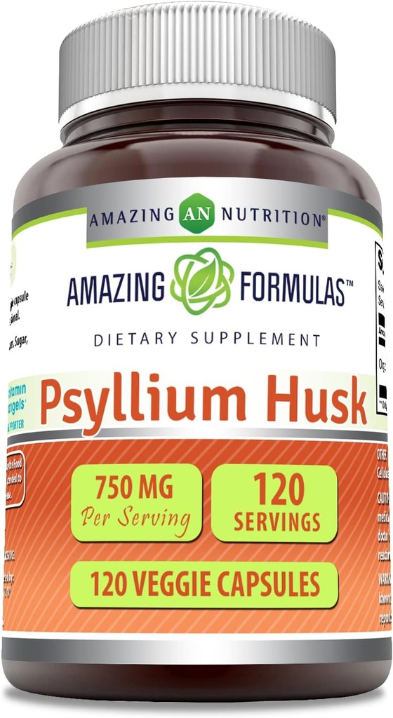 Nuostabios formulės Psyllium Husk 750mg Veggie Capsules Addition, 124; Non- GMO, 124; Gluten Free, 124; Pagaminta JAV, 124; Tinka vegetariečiams (120 Count)