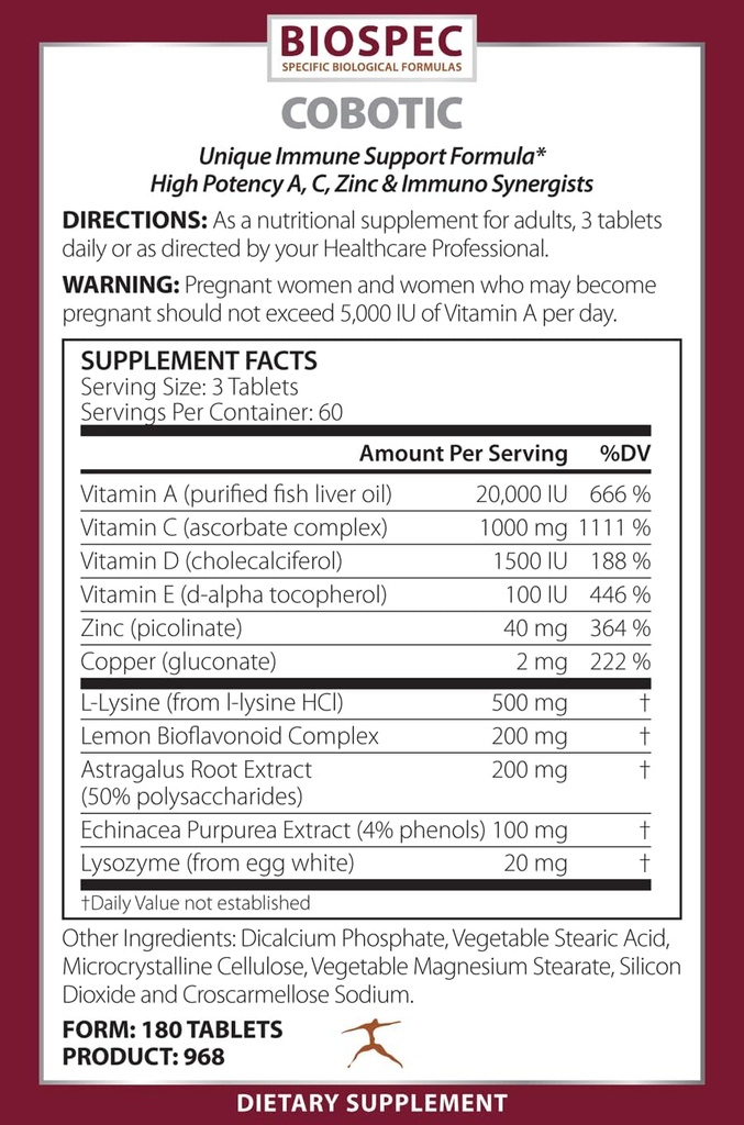 BIOSPEC NUTRITIONALS Kobicistinis - Imuninis priedas - Vitaminas A, vitaminas C, vitaminas D, vitaminas E, cinkas