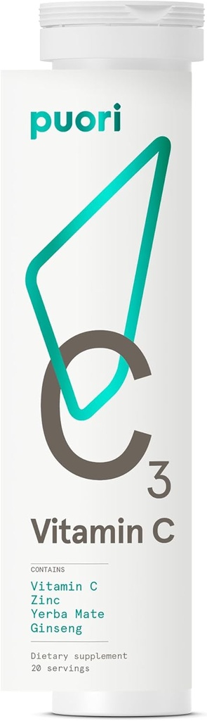 Puori C3 Vitamino C papildymas imuninei ir antioksidantinei paramai - 20 Aptarnavimai - Vitaminas C, Cinkas, Yerba Mate, Ginseng Padeda kovoti su nuovargiu ir kognityvine funkcija