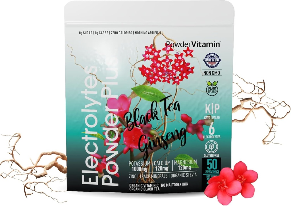 PowderVitaminum Electrolytes Powers Plus (50 Servings) Black Tea Ginseng Electrolyte Powder Keto, Sugar Free, Pink Himalayan Salt, 1000mg Kalis, 120mg Kalcis, 120mg Magnis, hidratacija Milteliai