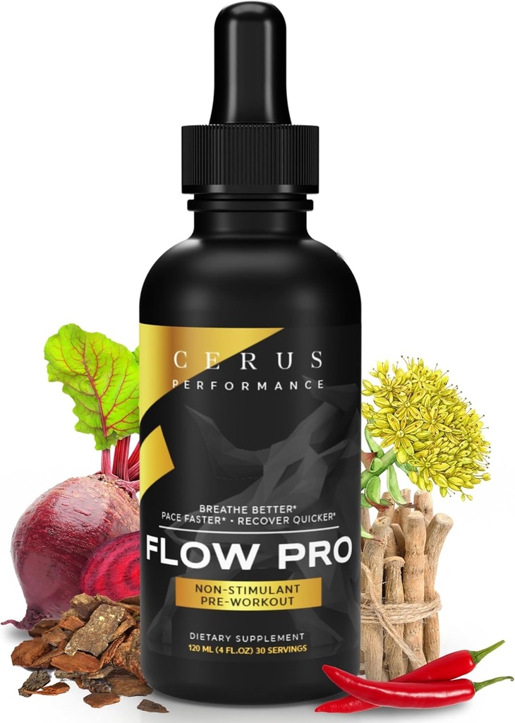 Cerus Performance Flow Pro Stimulant-Free Endurance Pre-Workout – Boosts Stamina, Supports Heart Health with Natural Herbs, Vegan-Friendly - 4 Fl Oz
