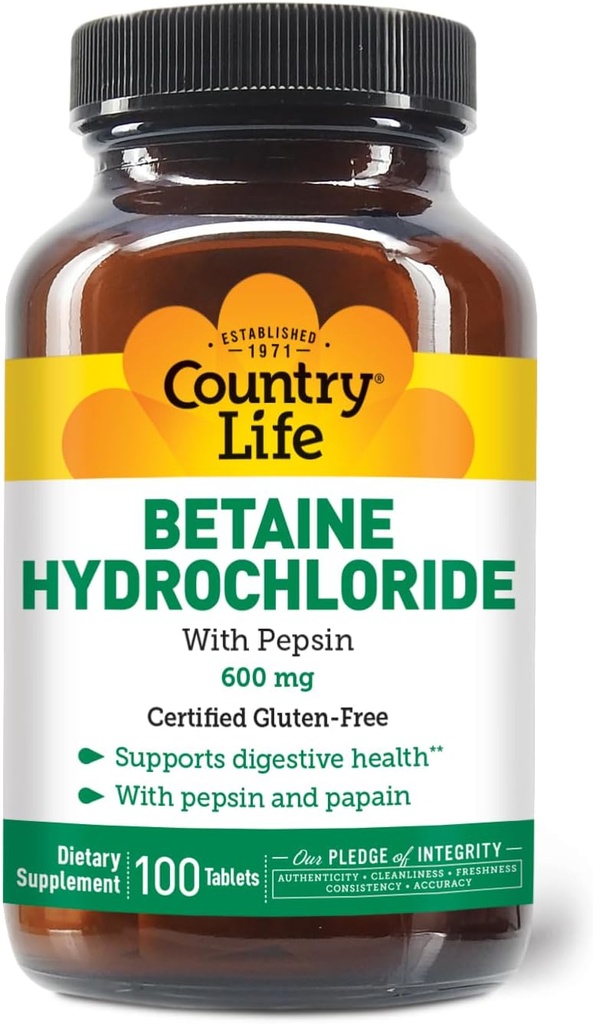 Country Life Betaine Hydrochloride with Pepsin, 600mg, 100 tablečių, Sertifikuotas Gluten Free