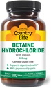 Country Life Betaine Hydrochloride with Pepsin, 600mg, 100 tablečių, Sertifikuotas Gluten Free