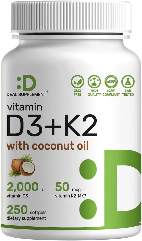 DEGAL supplementing Vitaminas D3 2000 TV + K2 MK7 50µg Softgell ® 124; 2-in1 kompleksas su Virgin Cocoosum Oil ® 124; remia širdį, kaulus, dantis ir imuninę sveikatą