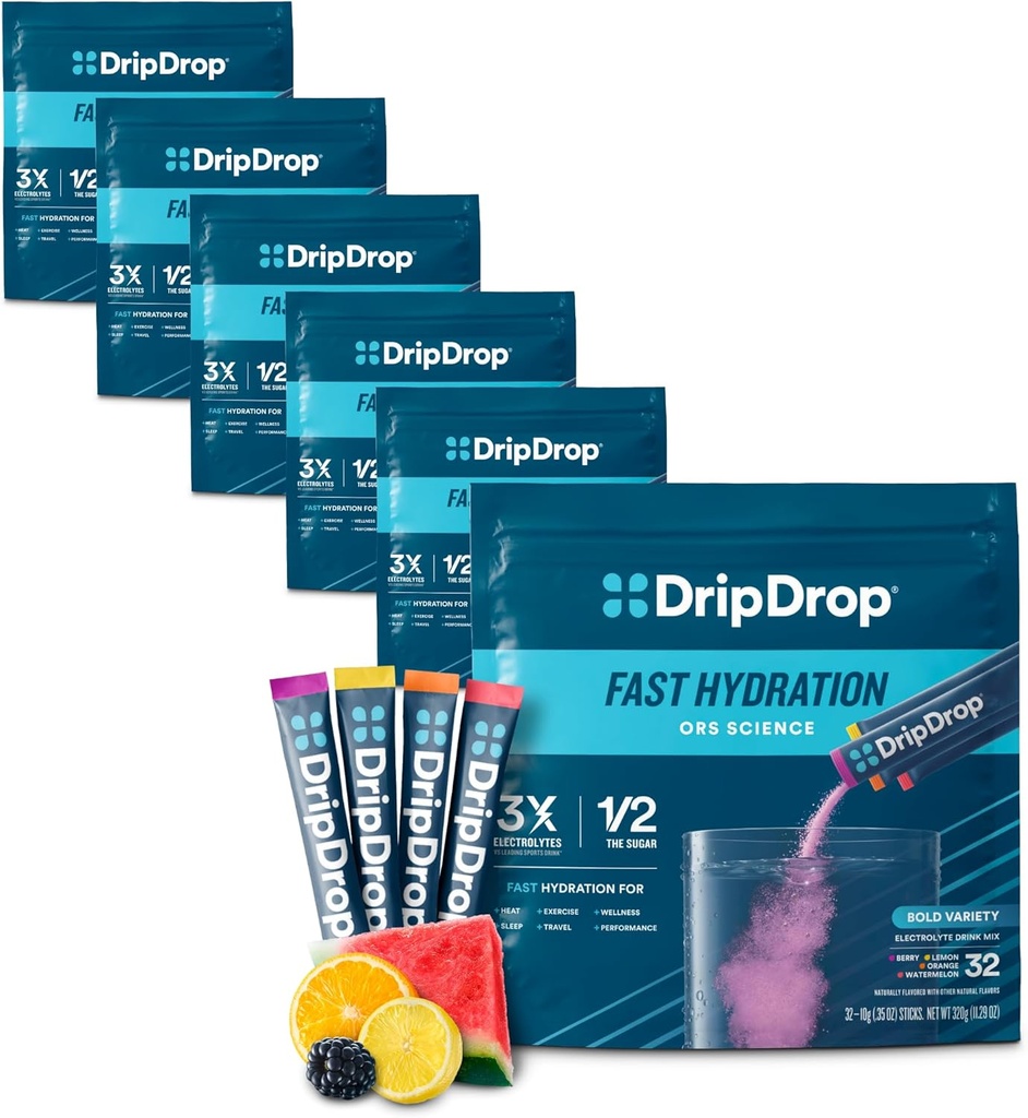 DripDrop Hydration Packets - Bold Variety Pack - Single Serve Electrolytes Powder Drink Mix - Watermelon, Berry, Lemon, Orange - Non-GMO, Gluten Free, Vegan - 192 Sticks