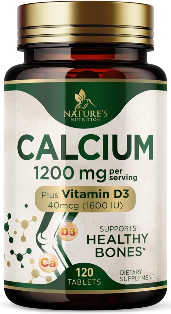 Kalcis 1200 mg su vitaminu D3 - Kaulų sveikatos papildas, Vitaminas D & Kalcio papildai moterims & vyrams - Kaulų stiprumas, Teeth & Immune Parama, Nature 's Calcium Pills, Butelis JAV - 120 tablečių