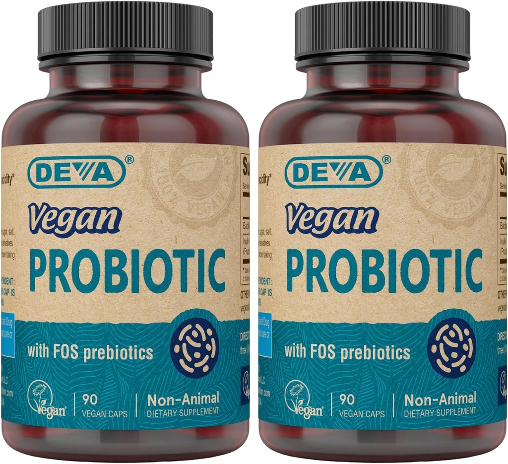 DEVA Vegan Probiotikas su FOS Prebiotics Addition - 2 Billion KSV su 100 MG prebiotics per Serving vyrams ir moterims - Non-Dairy Gluten Free - Natūralu Lizdinė plokštelė - 90 kapsulių (2 kapsulių pakuotė)