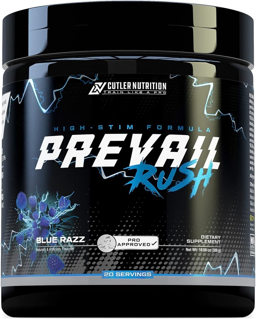 Cutler mitybos High Sim Pre Working Pramogos milteliai Prevail Rush Prezarkacija vyrams ir moterims Intensyvios pompos energija ir susikoncentruoti su Caffeine NO3T Betaine ir Dynamin ® 124; Sour Blue Rush (20 Servings)