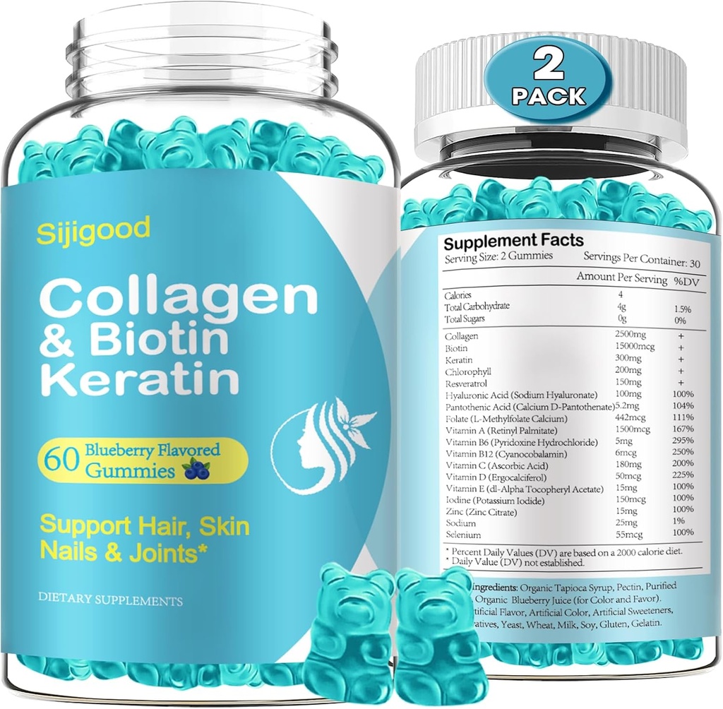 2 Pack Biotin Gummies with Collagen, Keratinas, Hialurono rūgštis, Vitaminas odai, Plaukų augimas, Vinys, Moterys Vyrai Suaugę vaikai - Blueberry Flavored, 120 Gummies