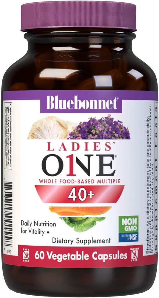 Bluebonnet Mityba Ponios 'ONE 40 + Visas Food-Bed Multiple, Moterys Multivitaminų moterims 40 +, Sojos nemokamai, Ne GMO, Gluten Free, 60 Daržovių kapsulės, 60 Paslaugos