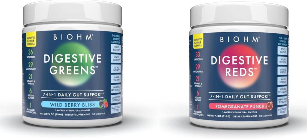 BIOHM Eteriniai gumbai, Digital Reds and Green, Superfood Mills, Antioksidantai, Vitaminai, Probiotikai, Digital Health vyrams ir moterims, Digestion Priedas su fermentų, 30 Paslaugos Kiekvienas