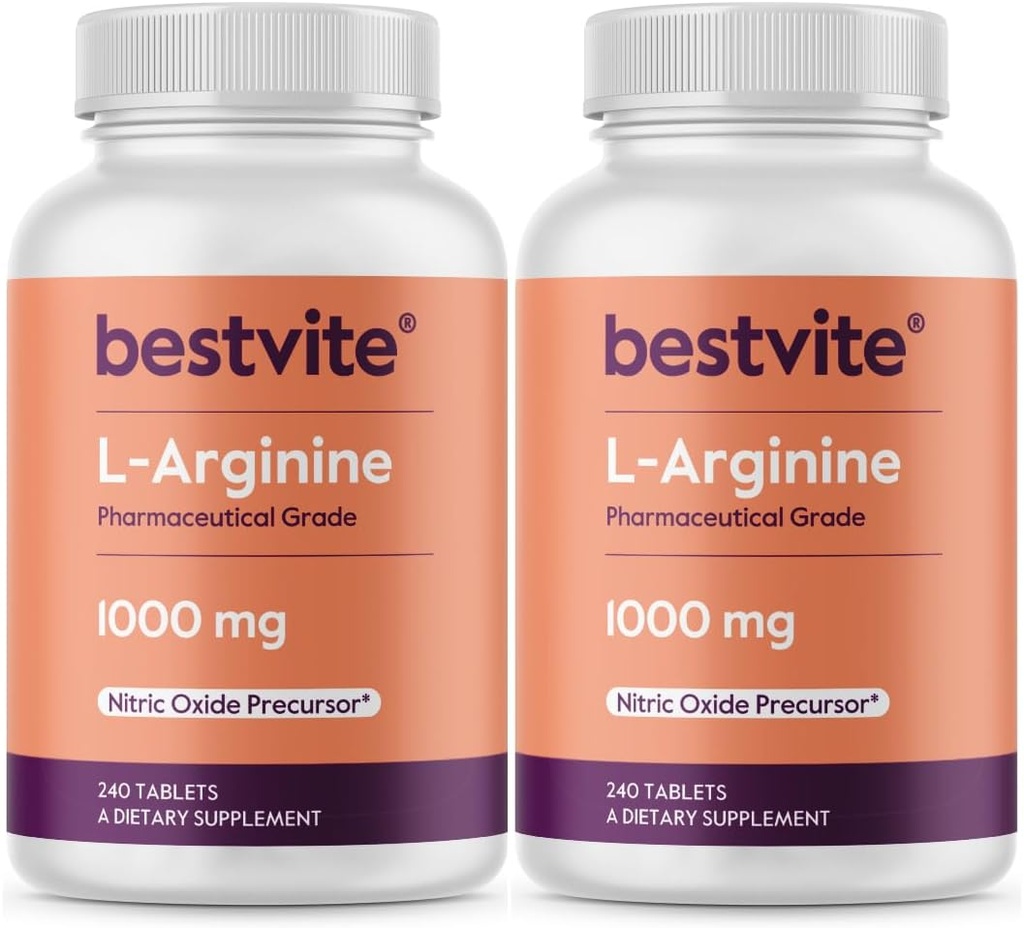 BESTVITE L-Arginine 1000mg per Tablet (480 Tablets) (240 x 2) – Pharmaceutical Grade – Contains 20% More Pure Arginine Compared to Arginine HCl – Nitric Oxide Precursor*