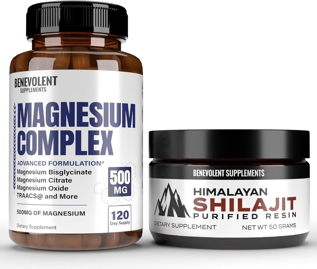 Magnesium Complex with 5 Best Forms & Himalayan Shilajit Resin - 4 Month Supply of 500mg Magnesium Glycinate, Oxide, Taurate, Chelate, Magnesium Citrate - 85+ Trace Minerals for Energy
