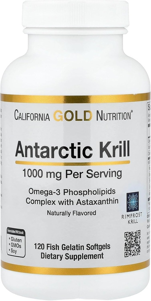 California Gold Nutrition Antarkties krilių aliejus, Omega-3 Fosfolipidai su natūraliai Occurring Astaxanthin, Natūralus braškių ir citrinų skonio, Ne GMO, 1000 mg, 120 Žuvis Želatina Softgels