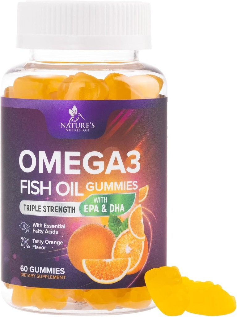 Omega 3 žuvų taukų gumikai - Širdies sveikatos parama Omega 3 Gummy papildas suaugusiems ir vaikams su didelės absorbcijos DHA & EPA, Bendra & smegenų parama, Skanus apelsinų skonio žuvų aliejus Vitaminai, 60 Gummies