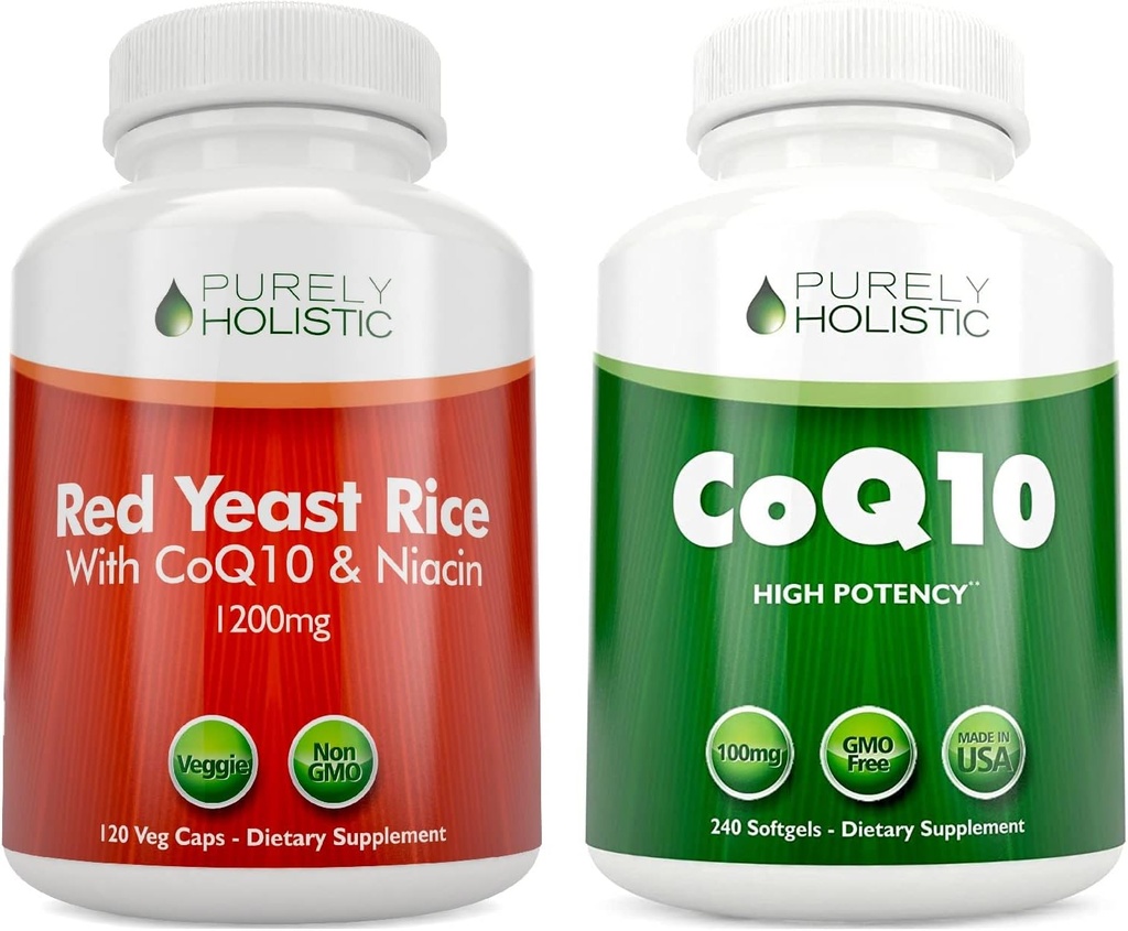 Vien tik Holistic Red Yeast Rice 1200mg & Niacinas + CoQ10 100mg - 120 Capsules & 240 Softgels Bundle - Pagaminta JAV