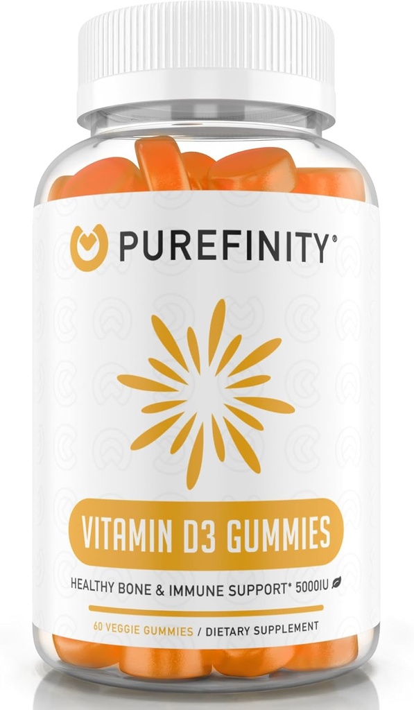 PUREFINITY Vitaminas D3 5000 iu Gummies - Jūsų paros vitamino D papildas kaulų sveikatai, imuninei sveikatai ir sąnarių raumenų palaikymui suaugusiems ir vaikams - Gluten Free, Non-GMO - 60 Veggie Gummies