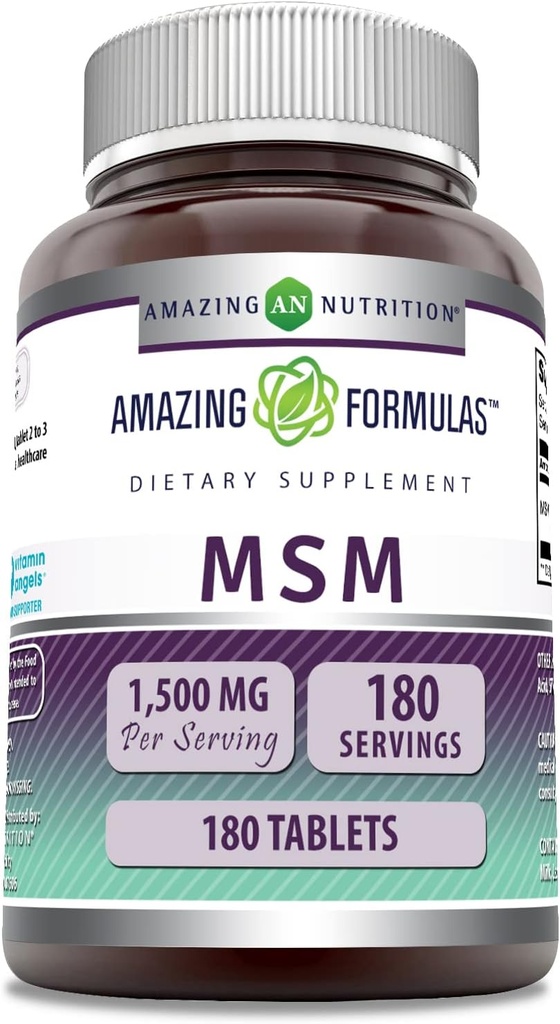 Amazonės formulės MSM (metilsulfonilmetanas), kurios papildo ® 124; 1500 Mg per serving supplementary ® 124; 180 Tablets ® 124; Non-GMO ® 124; Gluten Free ® 124; Pagaminta JAV
