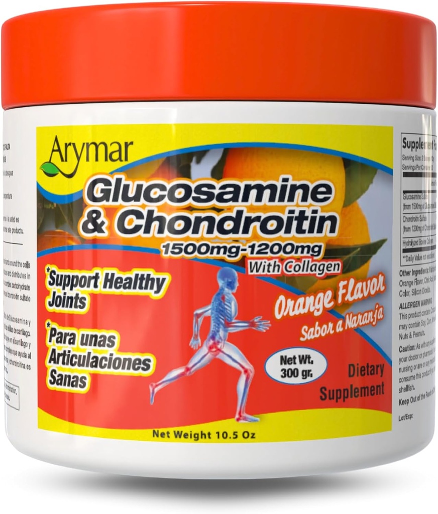Arymar gliukozaminas 1500 mg + chondroitinas 1200 mg su kolagenu - Orange- liepsnojančios bendros sveikatos milteliai, 300 g