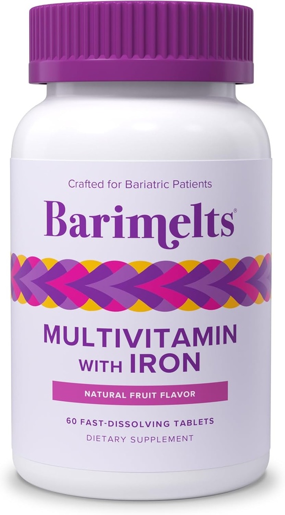 BariMelts Bariatric Multivitaminas su geležimi, 60 Fast- Distribucinės tabletės (1mėnuo tiekimas), Sugarai - laisvi bariatriniai vitaminai moterims, natūralus vaisių aromatas