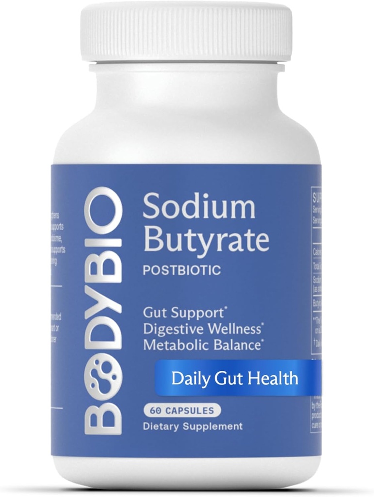 BodyBio Butyrate - Postbiotic už Gut Health, Digital Support, Bloat, Gas & Vidurių užkietėjimas Relief, Leaky Gut Remontas - Natris + Butyric rūgštis priedas GI sveikatingumo