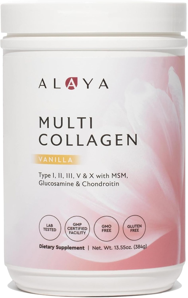 Alaya Multi Collagen milteliai - I, II, III, V, X hidrolizuotas Collagen Peptides baltymų papildas su MSM + GC (Vanilla)