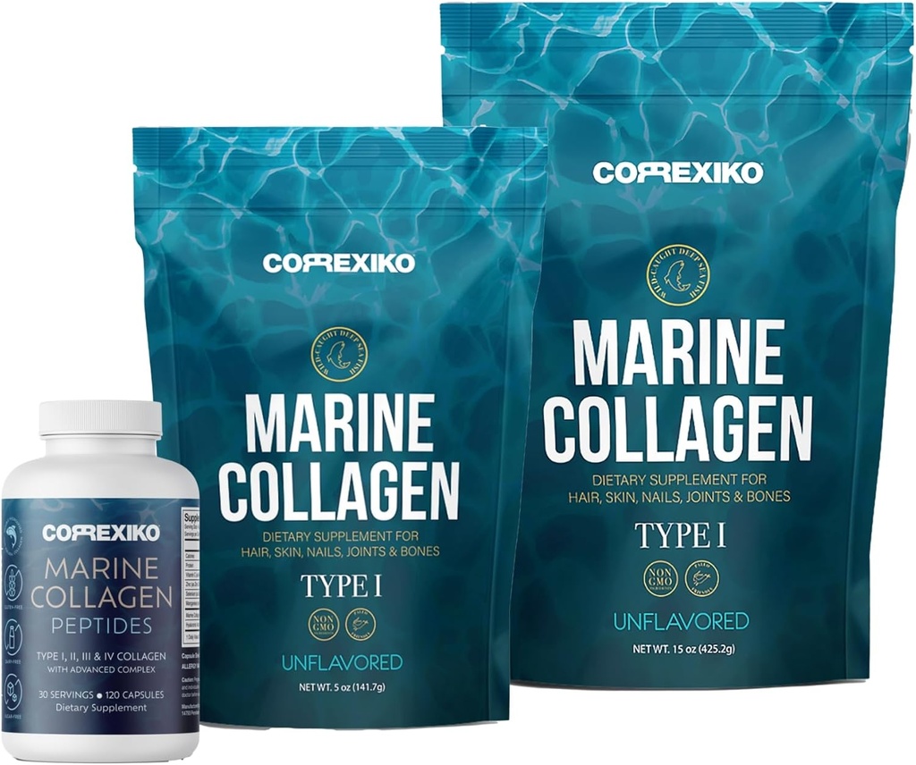 CORREXIKO Marine Collagen Addition Pills & Mill Bundle - apima 10 000 mg dvigubai hidrolizuotas Collagen milteliai 15 oz & 5oz ir 1800 mg Collagen Peptides 120 Capsules - plaukų, odos ir nagų