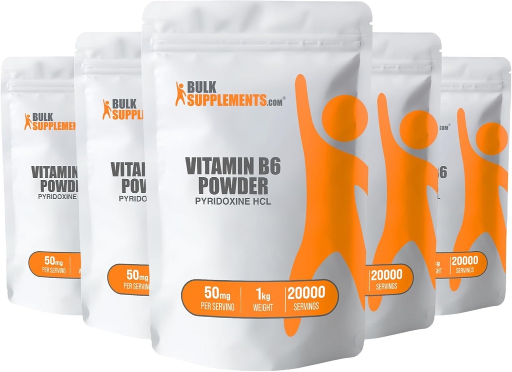 BulkSupplements.com Pyridoxine HCl Powder - Vitamin B6 Supplement, Vitamin B6 50mg - for Immune Support, Gluten Free, 50mg of Pyridoxine B6 per Serving, 5kg (11 lbs) (Pack of 5)
