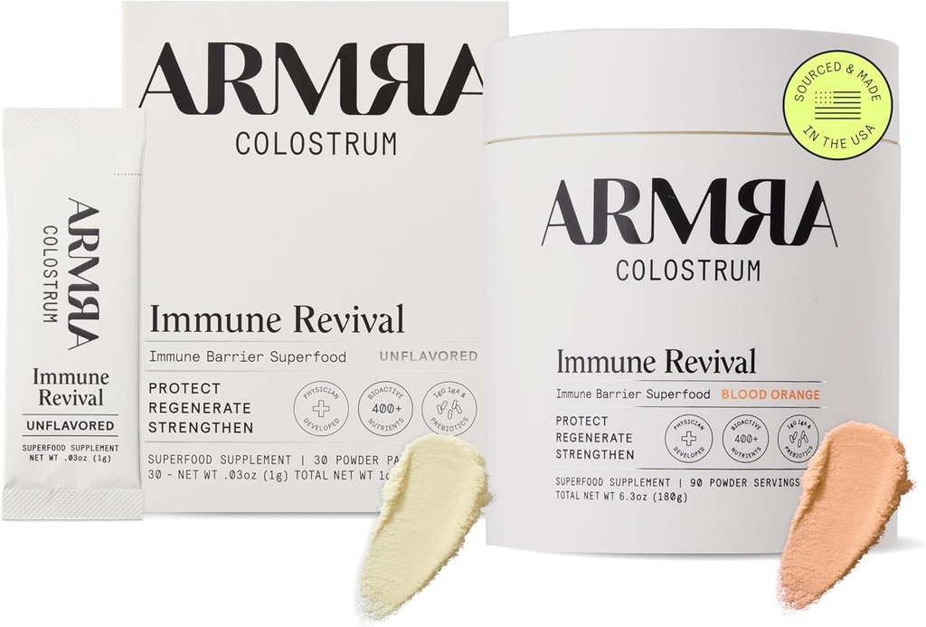 ARMRA Colostrum ™ Premium milteliai, žolė Fed, gut Health Bloating Immunity Skin & Plaukų, Sudėtyje yra 400 + Bioactive Nutrients, Potent Bioavailable, Keto, Gluten & Fat Free (Unflavored 30) Kraujo apelsinų 90)