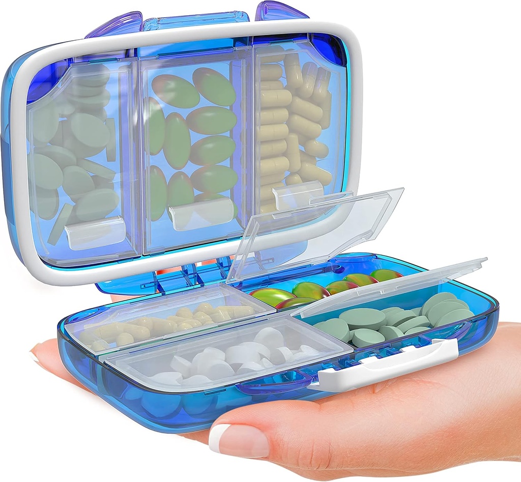 Travel Pill Organizer - Moisture Proof Portable Vitamin Holder with 7 Compartments, Compact Supplement Case for Purse Essential Medicine Kit fot Traveling Pocket Pharmacy with Labels, Blue