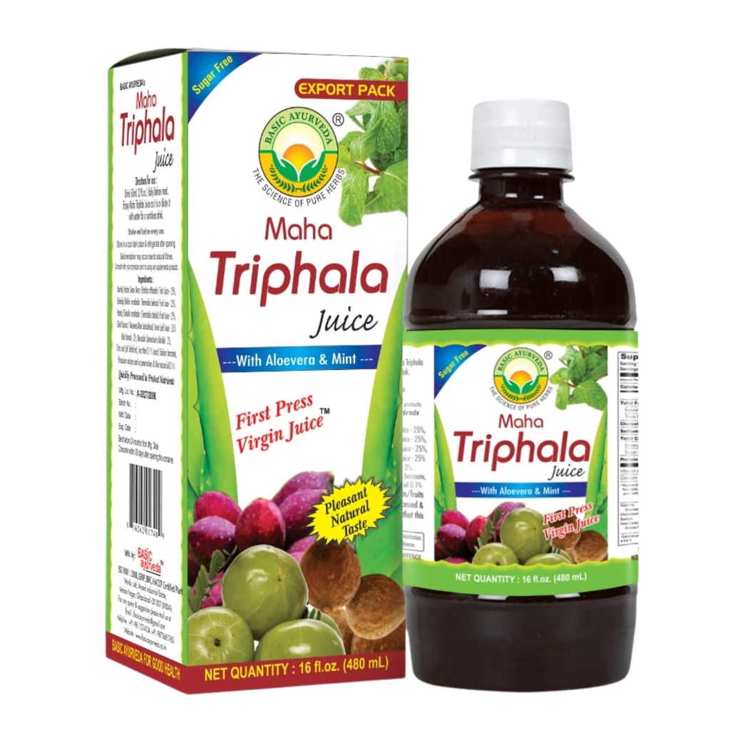 Basic Ayurveda Maha Triphala sultys su Aloe Vera & Mint - 16 Fl Oz (480ml) ← 124; Natūralus žolinis gėrimas ® 124; Pirmasis spauda Mergelės sultys ® 124; Pridėta cukraus 124; puikus dienos naudojimo ir valymo