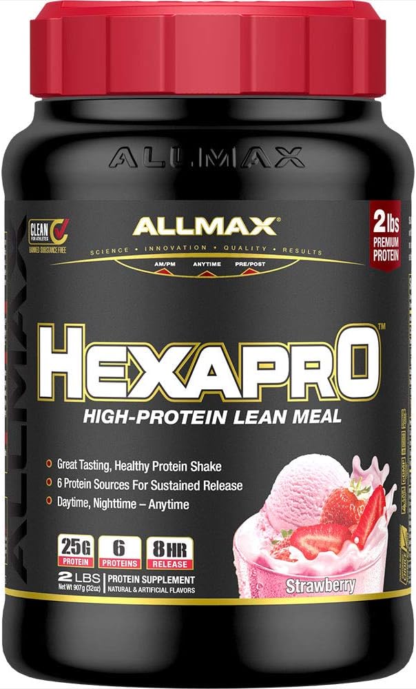 ALLMAX HEXAPRO, braškių - 2 lb - 25 gramai baltymų per aptarnavimą - 8 -valandų nuolatinis išleidimas - Zero Sugar - 21 Paslaugos