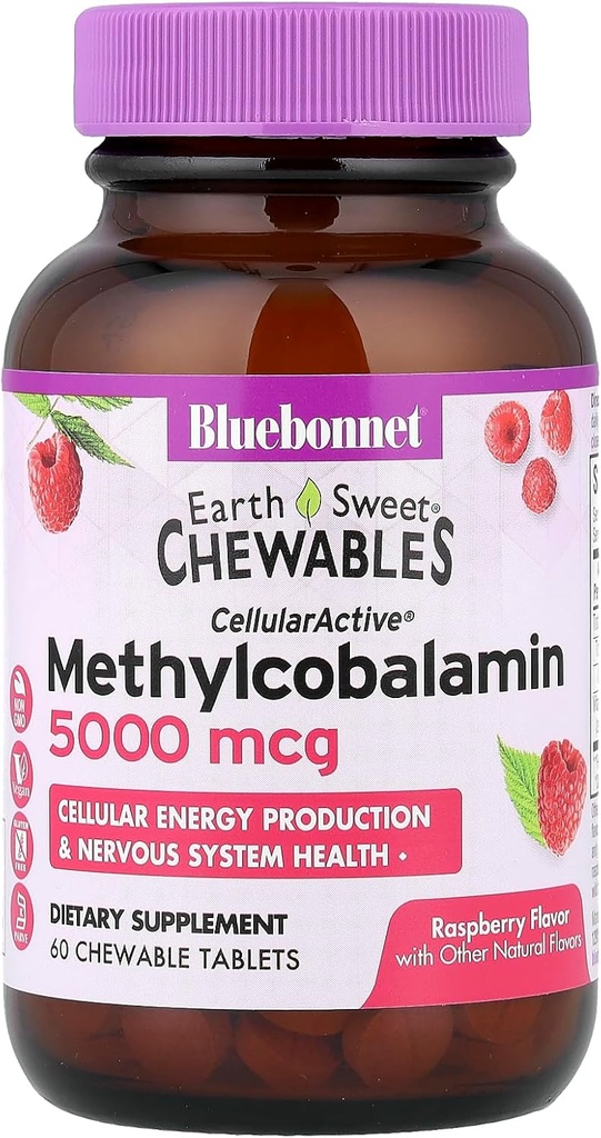 BlueBonnet Nutrition Earth Sweet® Chewables, CellularActive® Methylcobalamin, Raspberry, 5,000 mcg, 60 Chewable Tablets