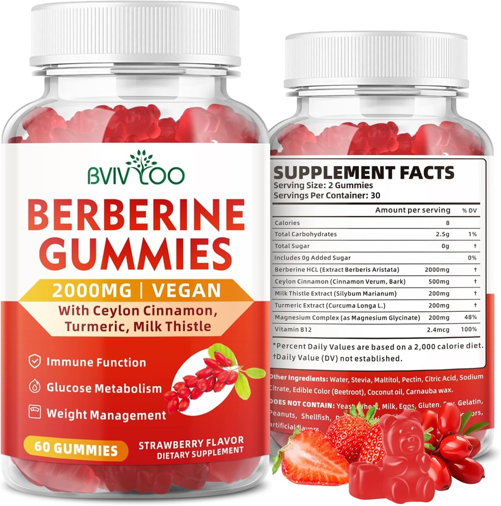 Berberine Gummies, Sugar Free 2000mg High potency Berberine HCI Addition, Plus Ceilonas Cinnamon, Milk Thistle for Women & men, Immune System & Metabolization Support - 60 Gummies