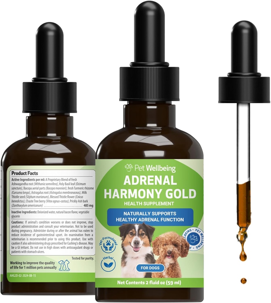 Pet Wellness Adnect Harmony Gold šunims - Vet - Sveikos antinksčių funkcijos palaikymas, normalūs kortizolio lygiai, sveikas troškulys ir svoris - Holistinis priedas - 2 oz (59 ml)