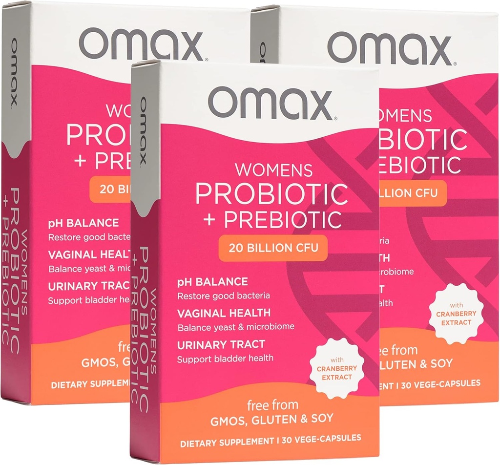Omax3 Moteris Probiotic + Prebiotic, Cranberry & Chicory Root, 20 Billion KSV, 6 Kliniškai Proven padermės, Vaginal pH, UTI, Bloating, (Package May Vary) Σ 124; 90 Vege kapsulės (3 dėžutės)