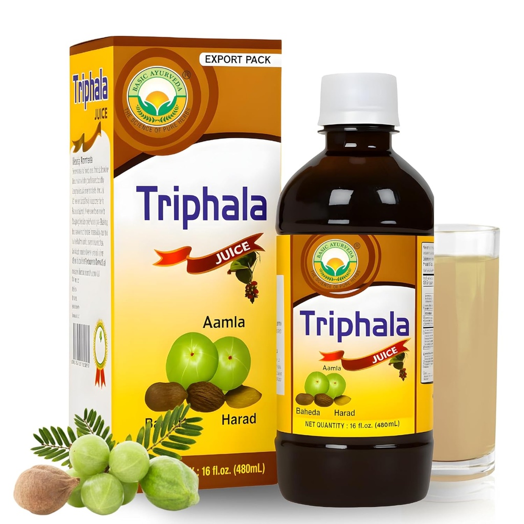 BASIC AYURVEDA Trifala juice ® 124; 16.23 Fl Oz (480ml) Σ 124; Organic Fruit Juice of Amla Bibhitaki & Haritaki ® 124; Natural Source of Vitaminum C ® 124; Sveikiems plaukams ir virškinimui