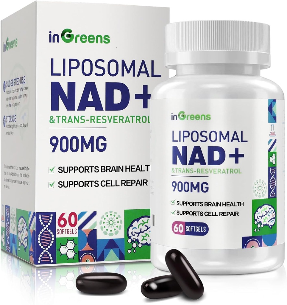 900 mg Liposominis NAD + Priedas su Trans Resveratrol 300 mg, Replaces NMN, Superior Absorption, True NAD Plus DNA remonto ir Boost NAD +, Senėjimo gynyba, energija, ilgaamžiškumas, 60 Softgels