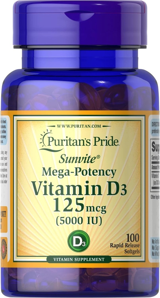 Puritan 's Pride Vitaminas D3, 5000 TV, 100 skaičius