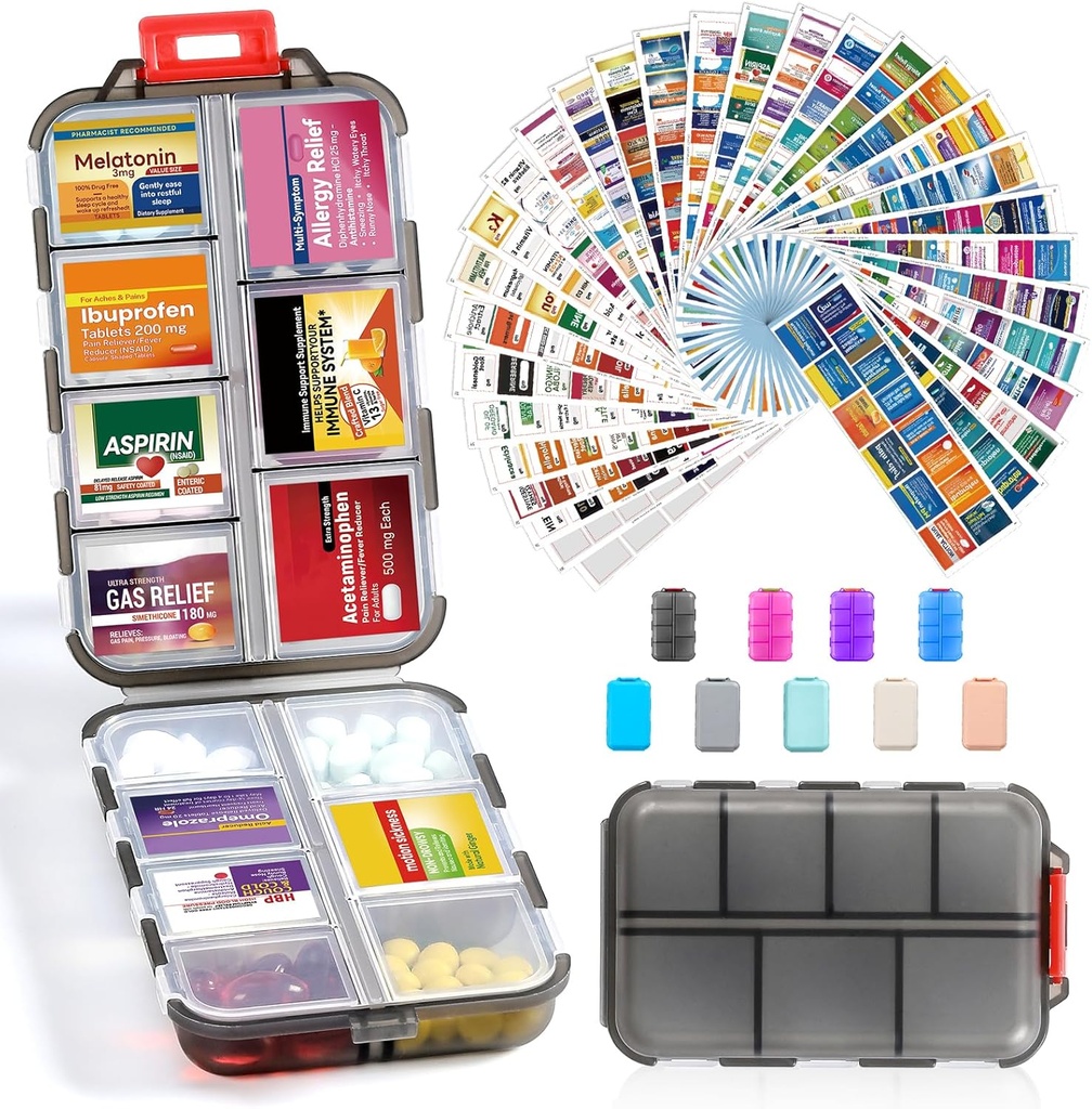 14 Grids Travel Pill Organizatorius Dėžutė su 415- PK Medicina Pavadinimas Labels - Pocket Daily Pharmacy Case Container Kit - Kelionių vaistų laikiklis Žuvies aliejus Vitaminas papildas Saugojimo -Išvalyti Pilka