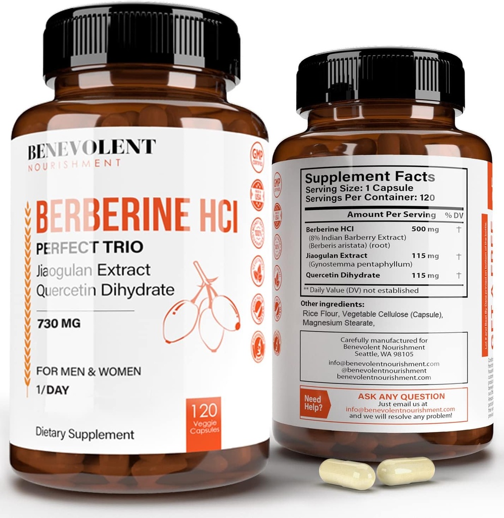 Premium Berberine HCL 730 mg - 120 VCAPS Perfect Trio Complex su Non- GMO Jiaogulan & Quercetin