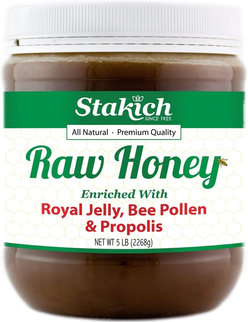 Stakich Royal Jelly, Bee Pollen, Propolis Enriched Raw Honey - Pure, Unprocessed, Unheated - 5 Pound (80 Ounce)